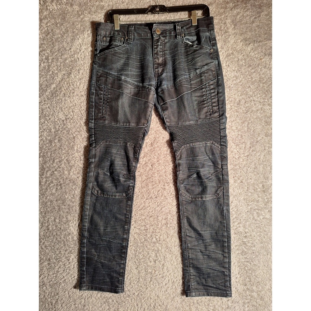 Copper Rivet Mens Moto Biker Jeans Size 29/30 Dark Wash Ribbed Knee Slim Fit